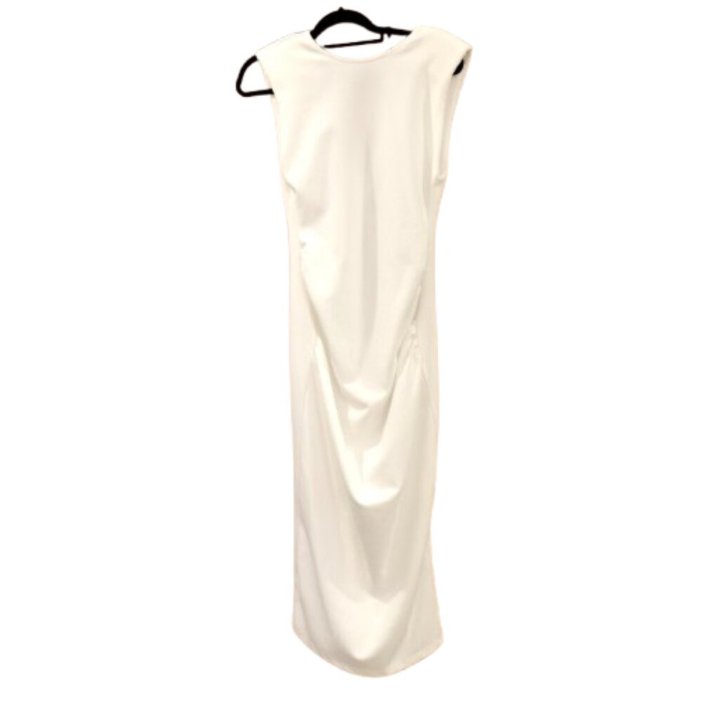 ZARA~SLEEVELESS WHITE CREPE MIDI DRESS SHOULDER PADS PLUNGING BACK NWT Sz MEDIUM